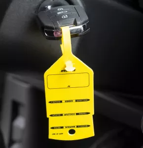 Etiqueta amarilla para llave de coche con presilla preimpresa con las palabras modelo, color y año de construcción